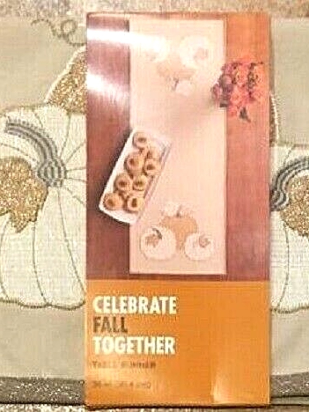 Pumpkin Fall White Tan Metallic Burlap Table Runner Fall Holiday 36" x 13" NEW